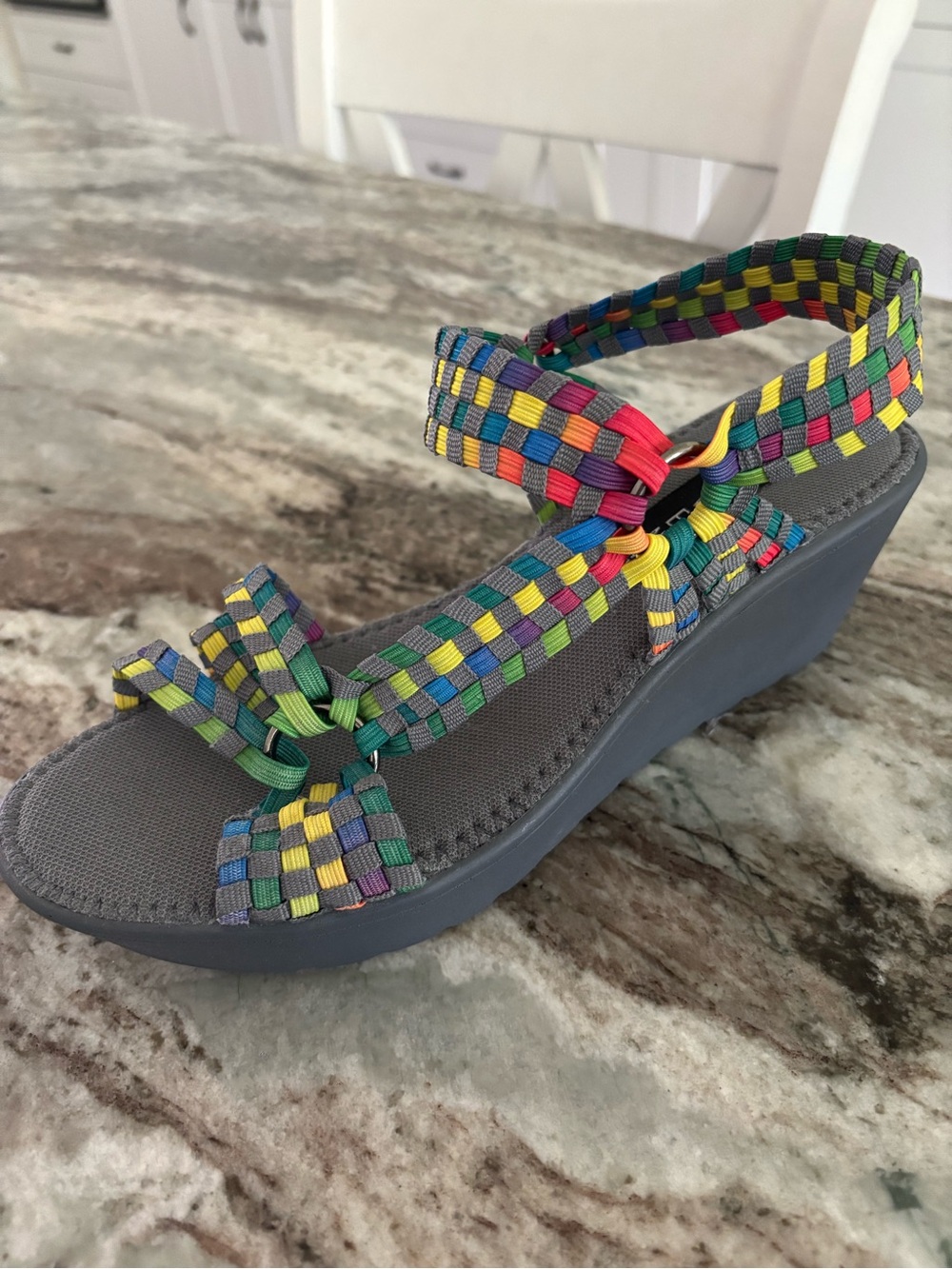 Steven By Steve Madden Multicolor Woven Strap Wedge Sandal with Gray Sole/ Becca